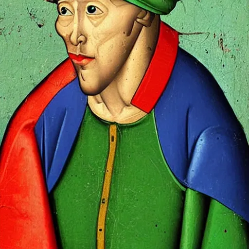 Image similar to skinny man with ugly deformed face wearing bright green cap and bodysuit, medieval painting