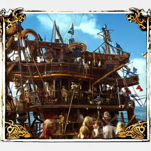 Prompt: interier view of award - winning pirate themed escape room set on the top deck on pirate ship from 1 7 2 0. steampunk. trending on artstation, realistic.