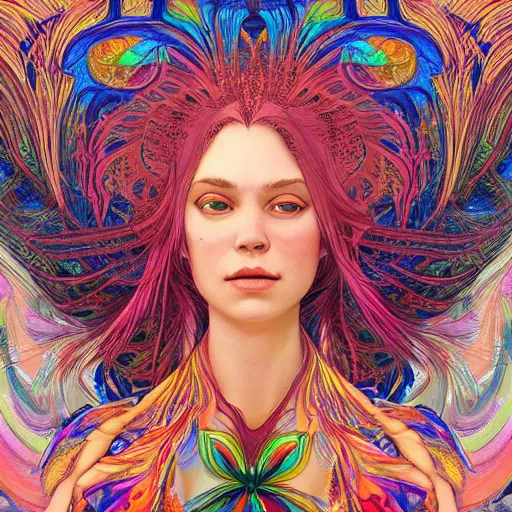 Image similar to A reality bending psychedelic ayahuasca experience, colorful, distorted, surreal, tropical bird feathers, dramatic lighting on the face, intricate, elegant, highly detailed, digital painting, concept art, smooth, sharp focus, illustration, art by Krenz Cushart and Wayne Barlowe and alphonse mucha