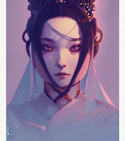 Image similar to portrait of a female immortal queen in amazing dress 汉 服 by atey ghailan, by greg rutkowski, by greg tocchini, by james gilleard, by joe fenton, by kaethe butcher, dynamic lighting, gradient light blue, brown, blonde cream and white color scheme, grunge aesthetic