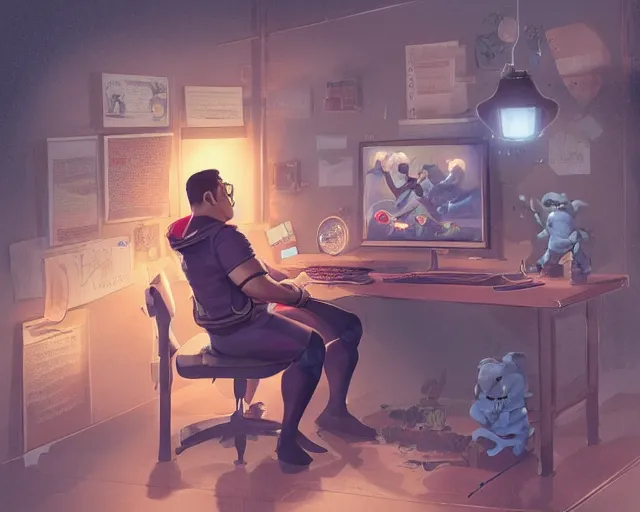 Image similar to an insanely detailed painting of a slightly chubby, nerdy asian man wearing a superhero costume, sitting at a desk, staring at the nervously at the computer and typing, in the style of peter mohrbacher, dramatic lighting and composition, octane render, pixar, trending on artstation, concept art, comic book, view from behind