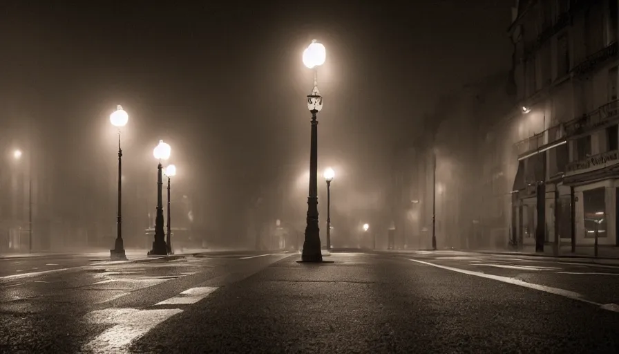 Prompt: wide film still, foggy parisian street at night, street lamps glowing, muted colors, criterion collection