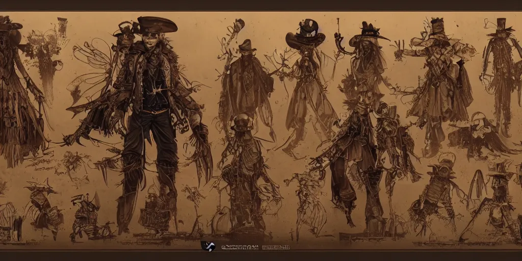 Image similar to steampunk the scarecrow, character sheet, concept design, contrast, kim jung gi, greg rutkowski, zabrocki, karlkka, jayison devadas, trending on artstation, 8 k, ultra wide angle, pincushion lens effect