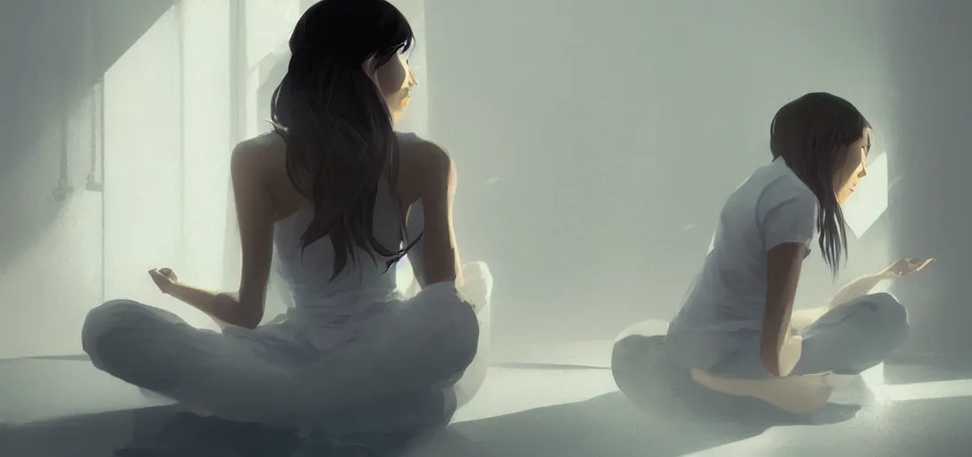 Prompt: Young Himalayan woman sitting concerned in an empty room with loneliness using psychic powers to make a lighter float| night time scene, plain walls |somber white eyes, long ashy hair | gentle lighting, futuristic, dim lighting, digital art by Makoto Shinkai ilya kuvshinov and Wojtek Fus, digital art, concept art,