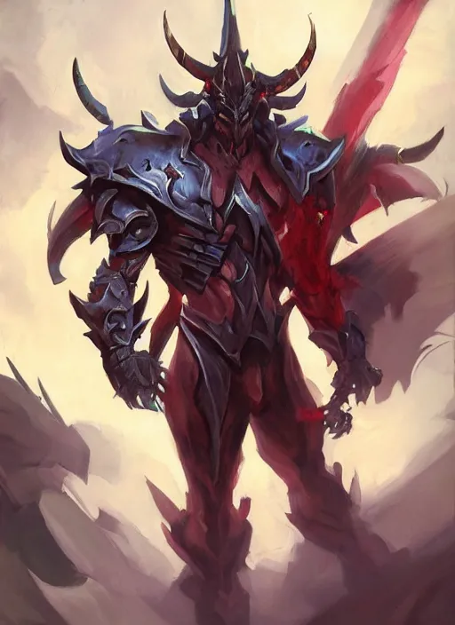 Prompt: Greg Manchess portrait painting of a demonic, devil armored character from league of legends, full shot, asymmetrical, splashscreen, Organic Painting, sunny day, Matte Painting, bold shapes, hard edges, cybernetic, street art, trending on artstation, by Huang Guangjian and Gil Elvgren and Sachin Teng