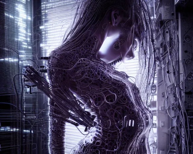 Image similar to photo of the torso of a woman plugged into a quantum computer with cables and wires. cyberpunk horror style. art by luis royo. highly detailed 8 k. intricate. nikon d 8 5 0 5 5 mm. award winning photography.