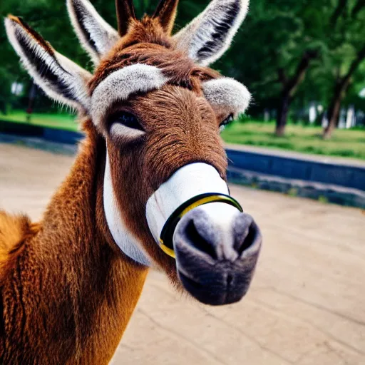Prompt: a donkey with eye glasses, realistic, kodak, photoreal