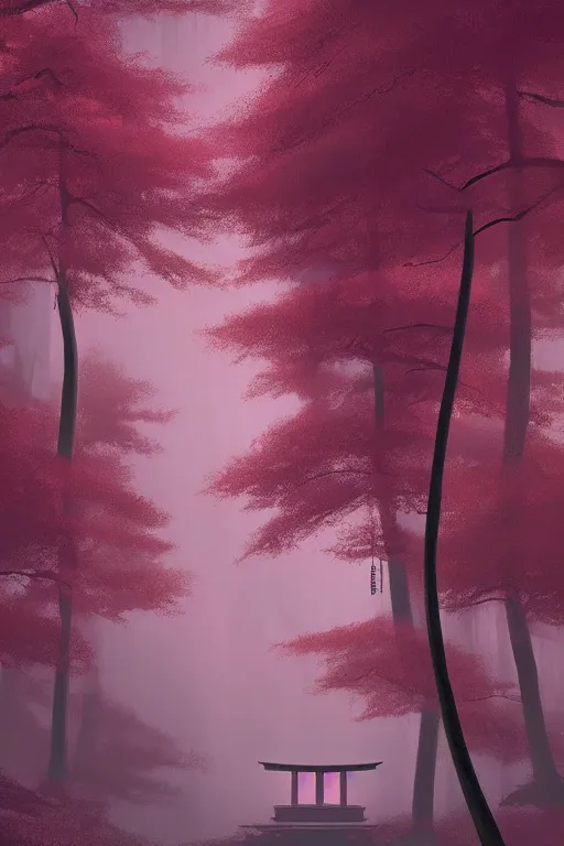 Prompt: Japanese Torii in the center of the picture , torii in a moutain with trees ,night , by Grzegorz Rutkowski, concept art, pink scheme