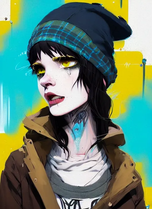 Image similar to highly detailed portrait of a sewer punk lady student, blue eyes, tartan hoody, hat, white hair by atey ghailan, by greg rutkowski, by greg tocchini, by james gilleard, by joe fenton, by kaethe butcher, gradient yellow, black, brown and cyan color scheme, grunge aesthetic!!! ( ( graffiti tag wall ) )