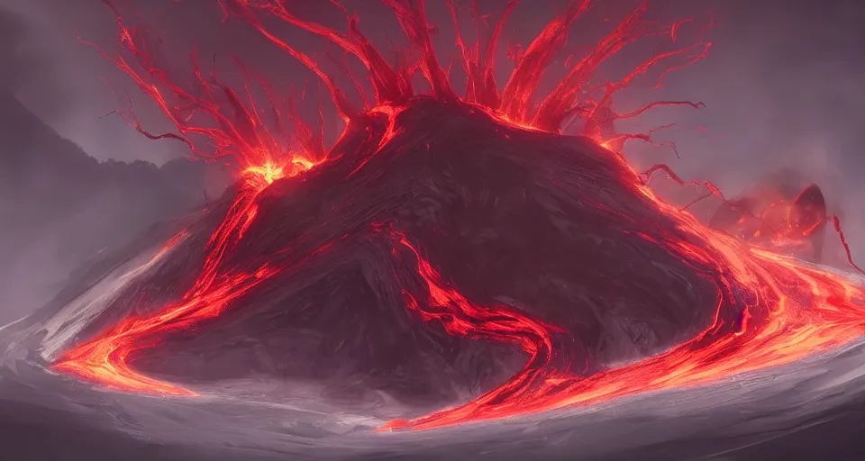 Image similar to a volcano made of ivory vines and crimson rocks enters in eruption, it spits a smoke in the shape of demonic eye, by League of Legends concept artists