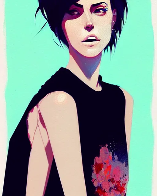 Prompt: a ultradetailed beautiful portrait painting of a stylish woman with short hair, she is wearing a black tank top and jeans, by conrad roset, greg rutkowski and makoto shinkai trending on artstation