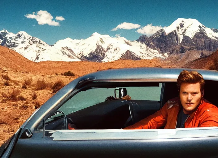 Image similar to a very high resolution image from a new movie, starlord. driving around. inside of a car. mountains, polaroid, directed by wes anderson