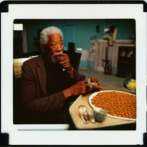 Image similar to polaroid photograph of morgan freeman eating lentils while watching a child play crash bandicoot