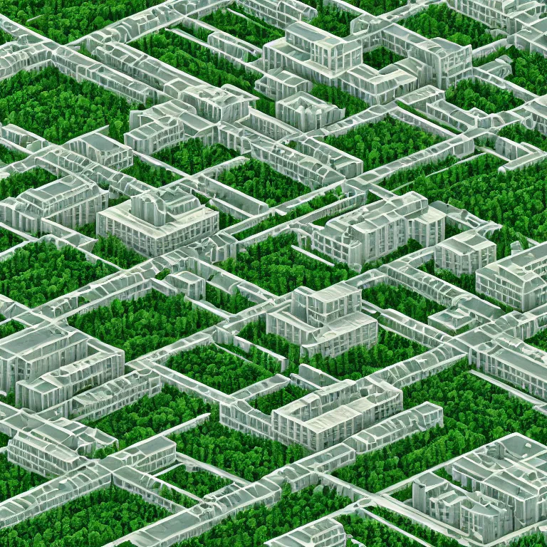 Prompt: Photo of one-point perspective to the center of the frame, ground level view of soviet town, infinitely long soviet panel buildings. A perfect green lawn in the center of the frame. High detail, details, ultra realistic render, octane, 3D, photorealism, symmetric, cloudless-crear-sky, cinematic