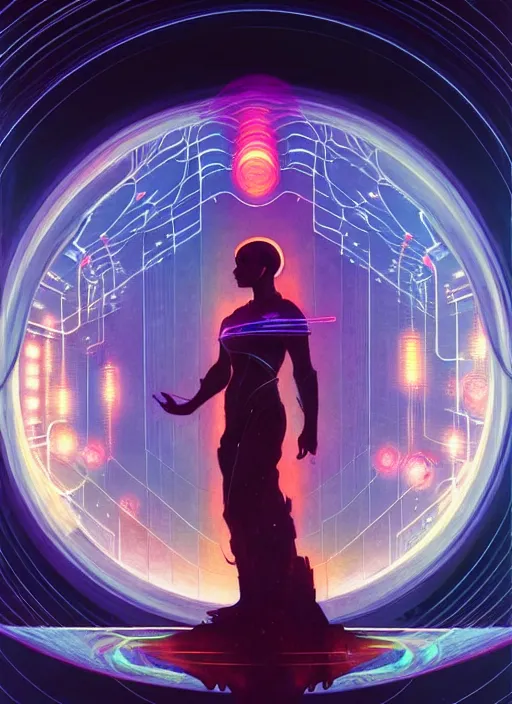 Prompt: high depth, collective civilization universal, calm, healing, resting, life, hybrids, scifi, glowing lights!!, published concept art, mixed medias, image overlays, sharp focus, thin glowing wires, winning illustration, art by greg rutkowski and alphonse mucha, singularity!!!, 3 6 0 projection