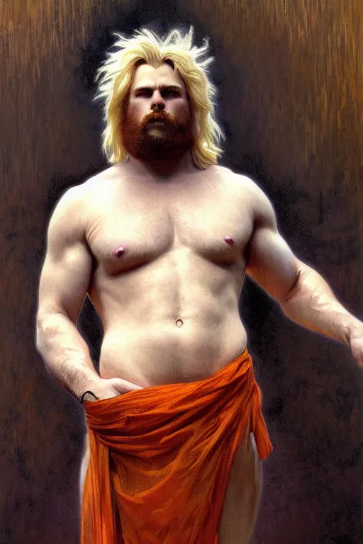Image similar to painted portrait of rugged fat orange cat, god of thunder, greek god, white hair, masculine, powerful, handsome, upper body, white robe, muscular, hairy torso, fantasy, intricate, elegant, highly detailed, digital painting, artstation, concept art, smooth, sharp focus, illustration, art by gaston bussiere and alphonse mucha