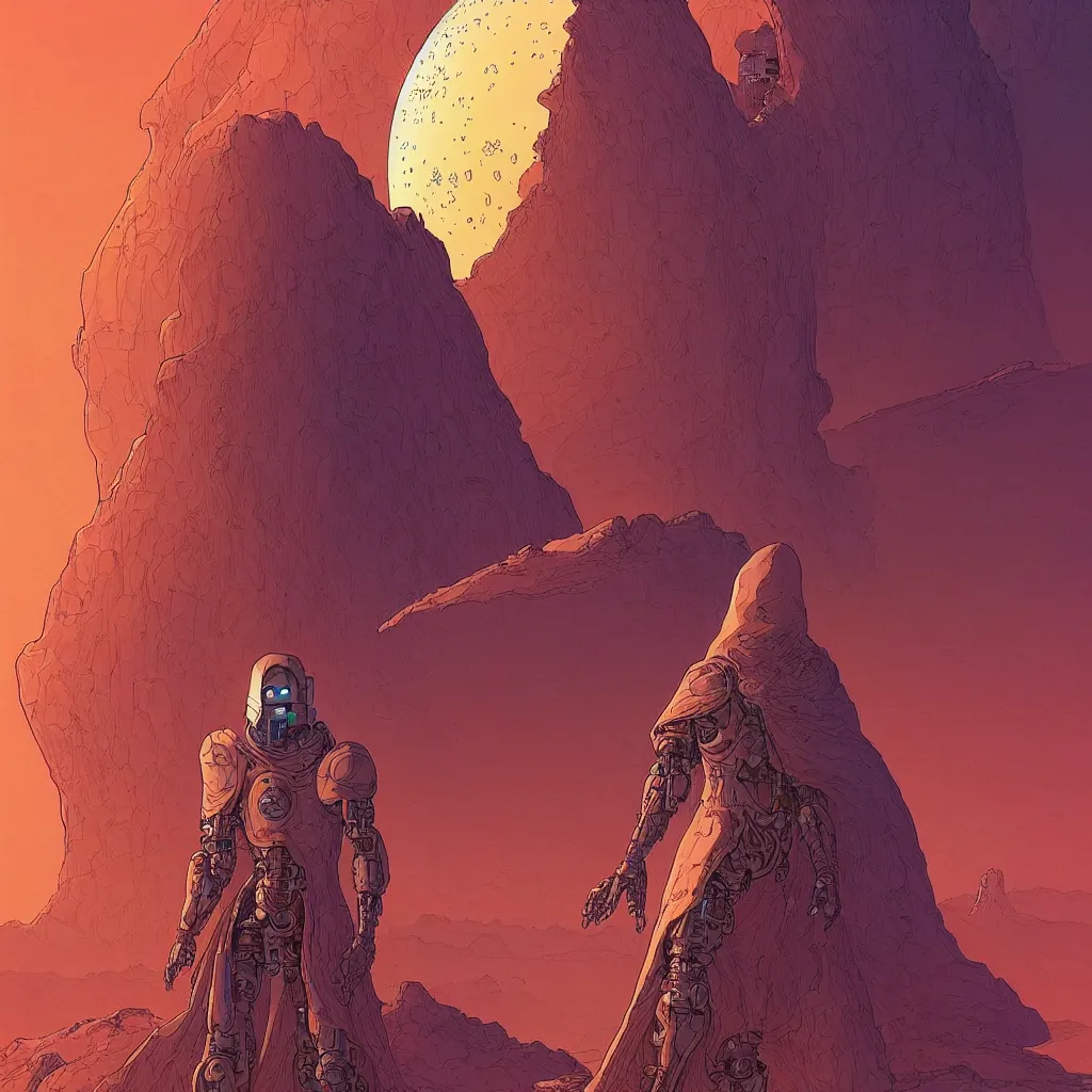 Prompt: a cyborg dressed in a large cloak walking through a dangerous desert, mountains, guardians, small objects floating around, multidimensional enviroment epic, close up, in the center, centered, intrincate by moebius, jean giraud & kilian eng moebius style