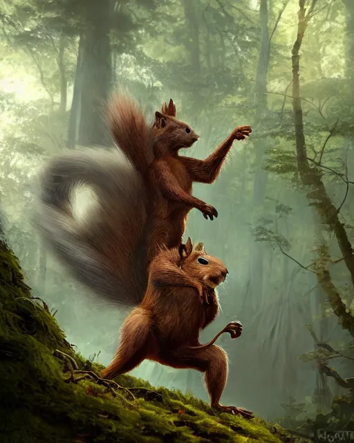 Image similar to oil painting of Anthropomorphized Squirrel attacking a monster, wearing leaf cloak,, sharp focus, fantasy style, octane render, volumetric lighting, 8k high definition, by greg rutkowski, highly detailed, trending on art Station, magic the gathering artwork, magical forest backround, centered