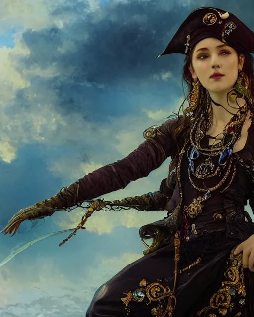 Prompt: a beautiful close up portrait of a pirate sitting with elegant looks, leather clothing, ornate costume and flowing magic all around, intricate and soft by ruan jia, tom bagshaw, alphonse mucha, krenz cushart, beautiful pirate ruins in the background, epic sky, vray render, artstation, deviantart, pinterest, 5 0 0 px models