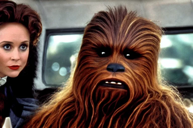 Image similar to A high quality movie still from the film Four Weddings and a Funeral, starring Chewbacca