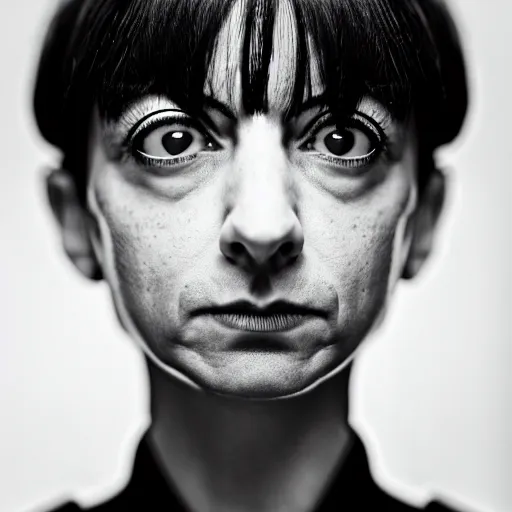 Image similar to symmetrical, portrait of cyberpunk kate micucci, scowling, studio lighting, depth of field, photography, black and white, highly detailed