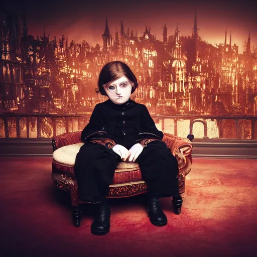 Image similar to a color photo of young sad victorian gothic child with big eyes and wide grin sitting on a sofa of bones surrounded by a cyber futuristic cityscape made of human body parts, ultra detailed, 8 k resolution, beautiful lighting, expansive detailed layered city, landscape, sigma 8 5 mm, award winning photography