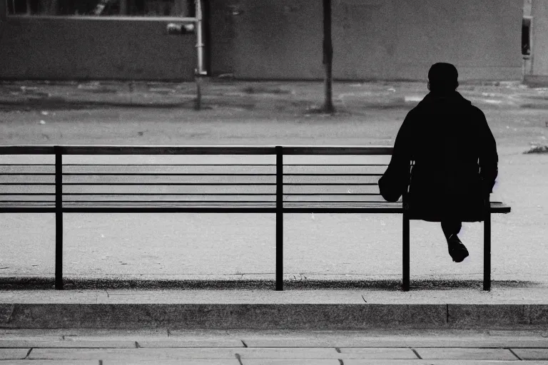 Image similar to photo of a man sitting on a bench waiting for someone that will never come, depressing, moody, nostalgic, dramatic, 8 k uhd