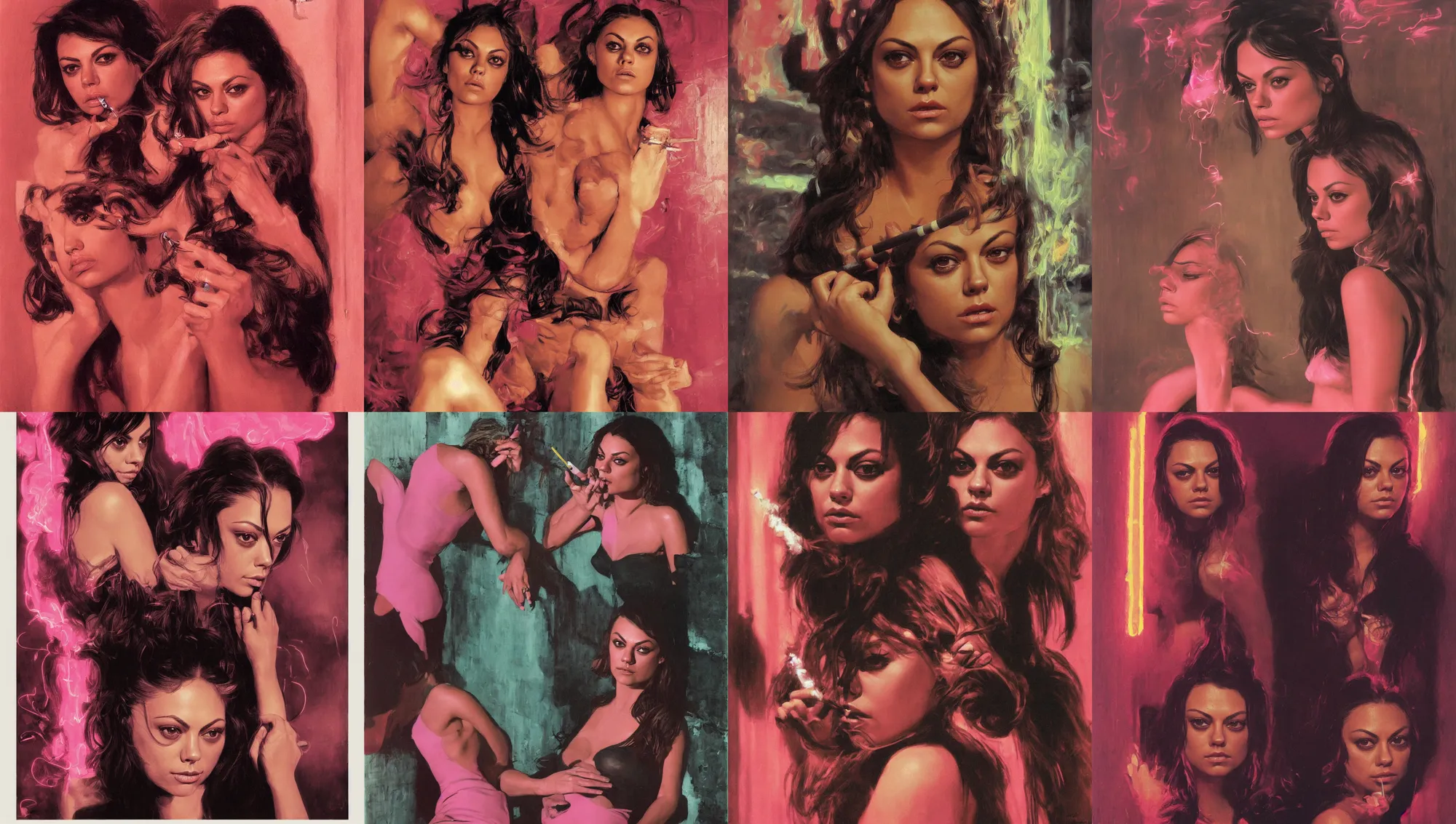 Image similar to close portrait of mila kunis looking into the camera leaning back against a wall smoking a cigarette, pink neon street, 1 9 7 0 s, intricate, moody, personal, highly detailed, short focus depth, donato giancola, joseph christian leyendecker, frank frazetta, alex horley, ralph horsley, michael whelan