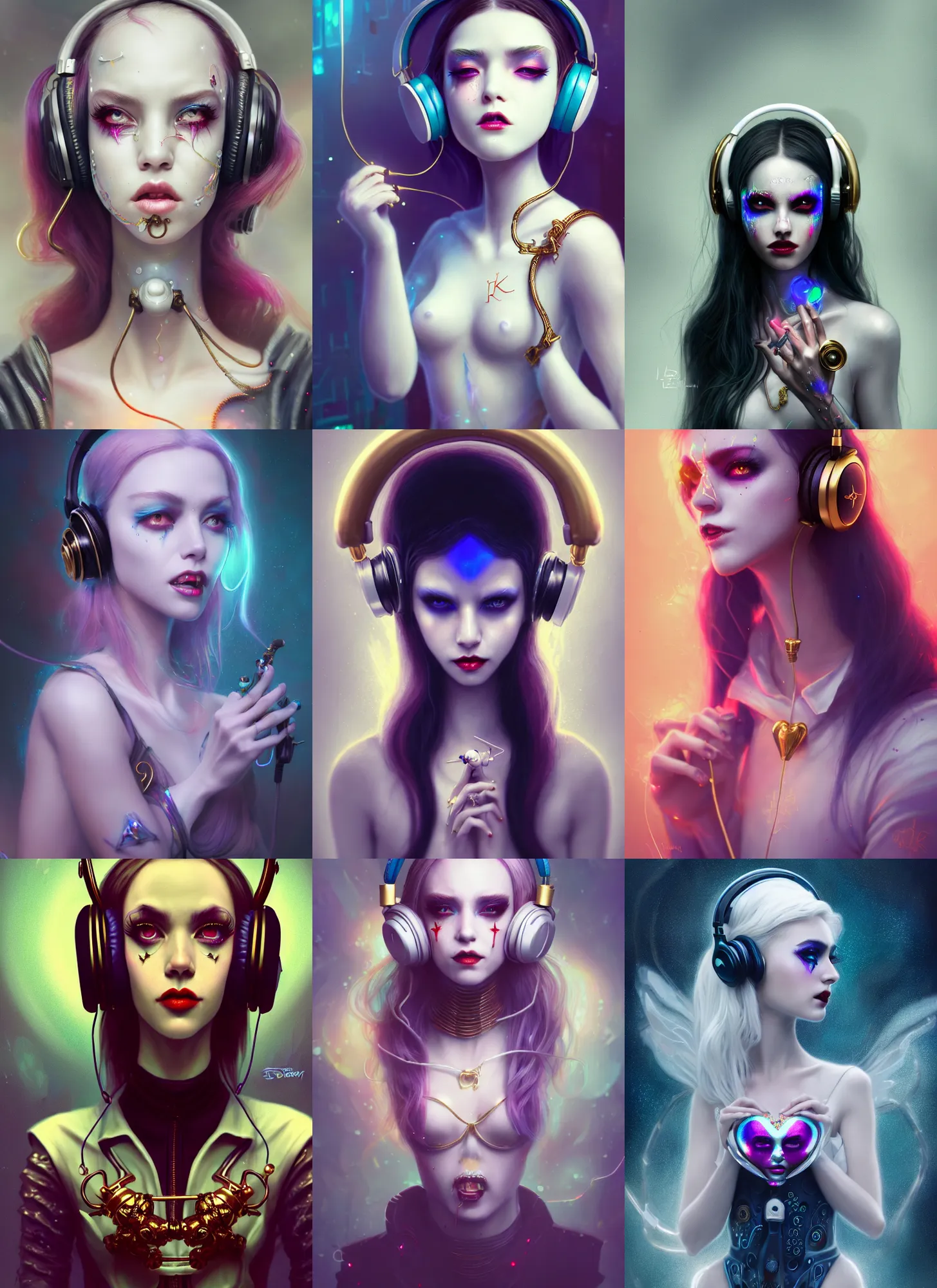 Prompt: disney 8 k photo, beautiful shiny white porcelain rich grand alluring iridescent royal emo edc devil clowncore cyborg college woman, headphones, golden ratio details, sci fi, fantasy, cyberpunk, intricate, decadent, highly detailed, digital painting, octane render, artstation, concept art, smooth, sharp focus, illustration, art by loish, wlop