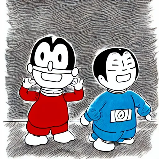 Image similar to Doraemon and Nobita in the style of Junji Ito