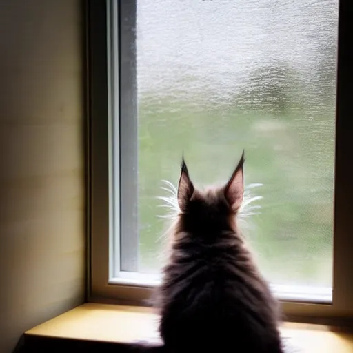 Image similar to view from the back of a backlit maine coon kitten gazing out a sunny window on a warm day. outside there are pretty flowers.