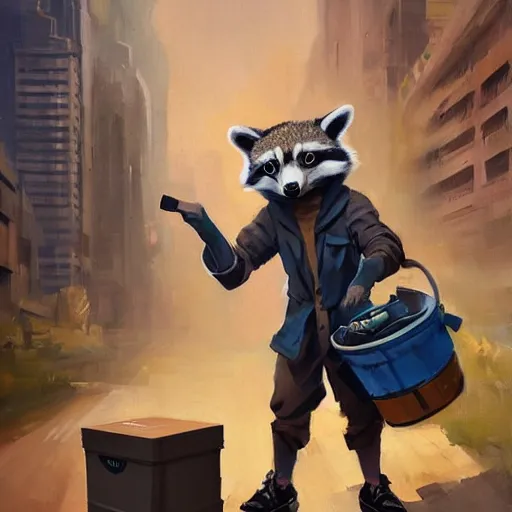 Image similar to greg manchess painting of a trash panda character, holding a box of cables and standing next to old electronic equiptment, medium shot, asymmetrical, profile picture, organic painting, sunny day, matte painting, bold shapes, hard edges, street art, trending on artstation, by huang guangjian and gil elvgren and sachin teng