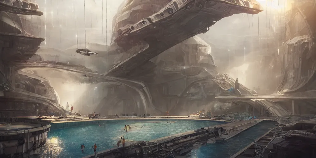 Prompt: alien spacecraft hovering over beautiful pool waterfalls surrounded by alien robots, steel archways with sparks flying off, industrial buildings, rusty metal towers, sun setting, ross tran, fantasy, james jean, peter morbacher, angelarium, alchemy, luxury, heavenly light, soft illumination, trending on artstation, cinematic lighting, digital painting, octane render