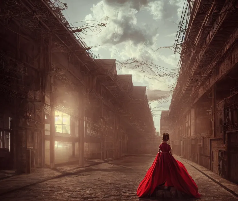 Image similar to a beautiful Cotton Mill Girl, symmetrical, centered, dramatic angle, ornate, details, smooth, sharp focus, illustration, realistic, cinematic, artstation, award winning, rgb , unreal engine, octane render, cinematic light, macro, depth of field, blur, red light and clouds from the back, highly detailed epic cinematic concept art CG render made in Maya, Blender and Photoshop, octane render, excellent composition, dynamic dramatic cinematic lighting, aesthetic, very inspirational, arthouse by Henri Cartier Bresson