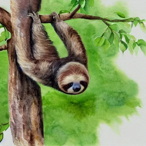 Prompt: A realistic watercolour painting of a sloth in a tree, fine detail, washed out background