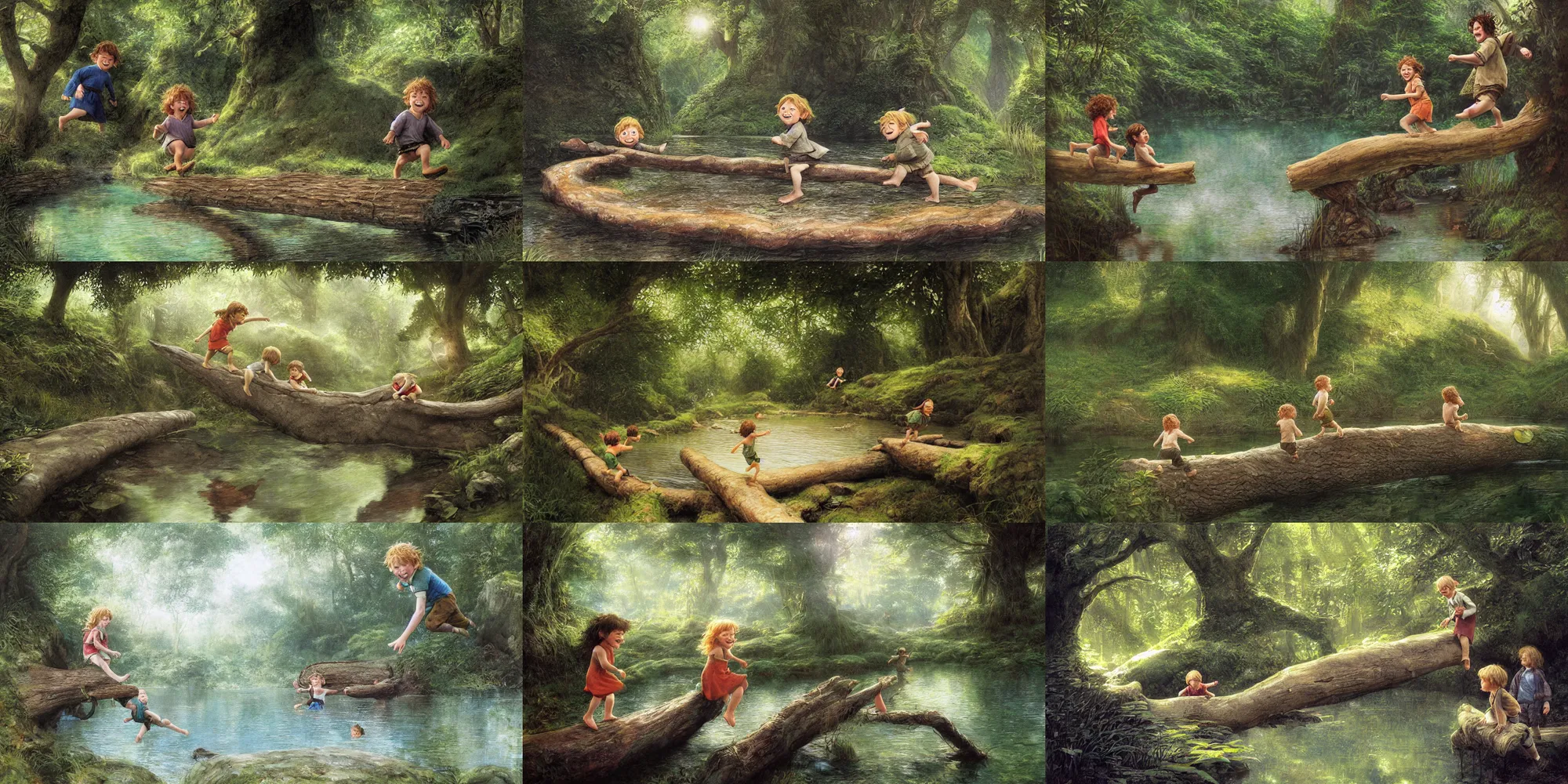 Prompt: two smiling hobbit children running up a log to leap into a crystal clear swimming hole, by alan lee, dark forest background, sunlight filtering through the trees, digital art, art station.