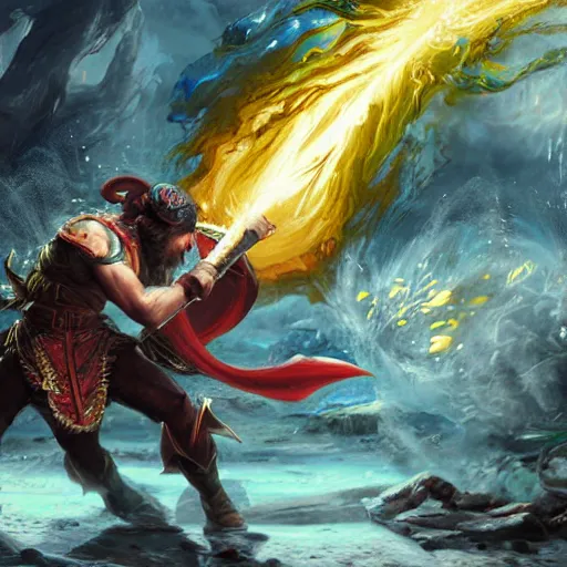 Image similar to A highly detailed oil painting concept art of a sorcerer casting an acid splash spell against a fighter wielding a greatsword, highly detailed concept art.