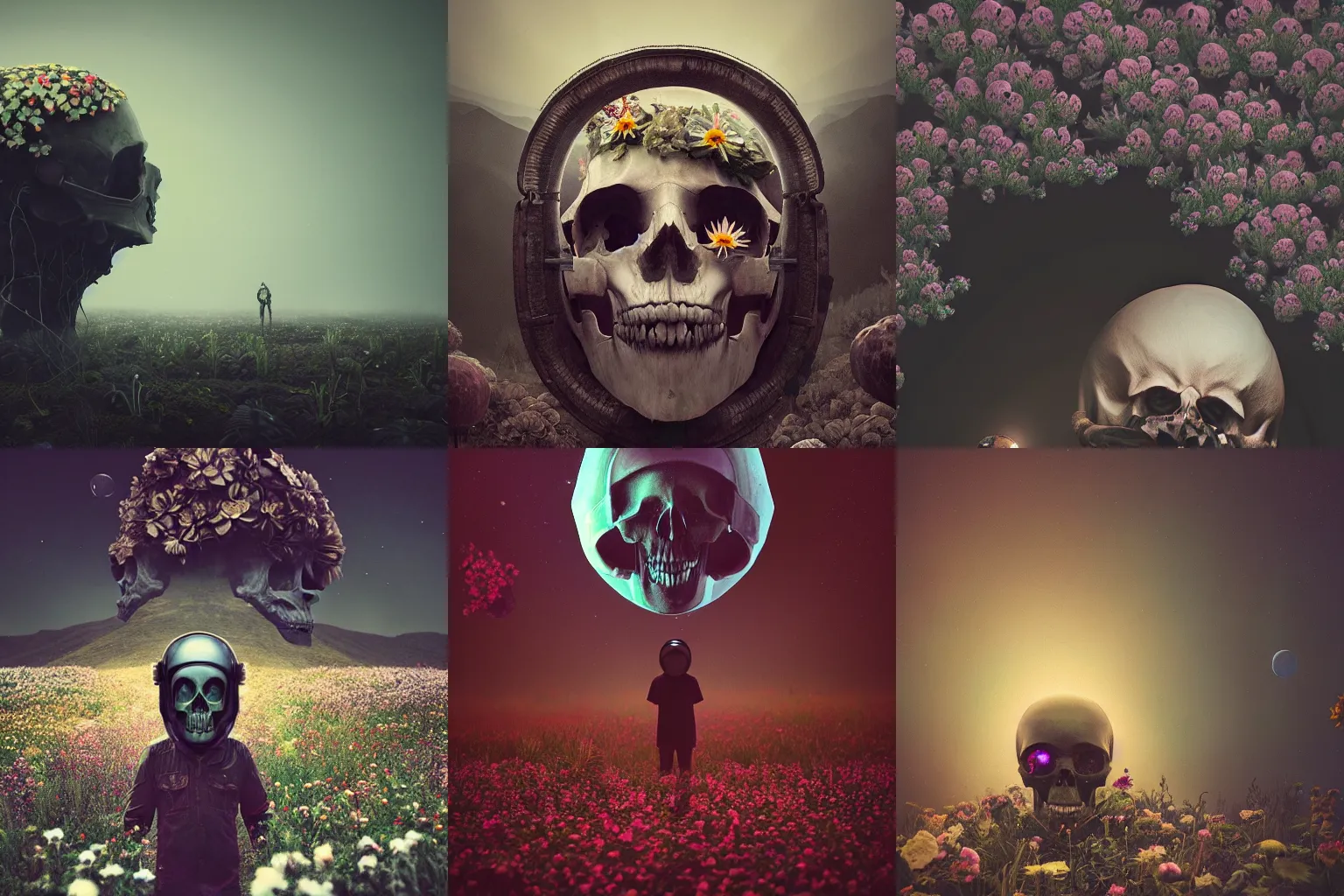 Prompt: beautiful dark creepy landscape, giant skull in astronaut helmet with beautiful flowers growing in the style of beeple and Mike Winkelmann, intricate, epic lighting, cinimatic composition, hyperrealistic, 8k resolution,