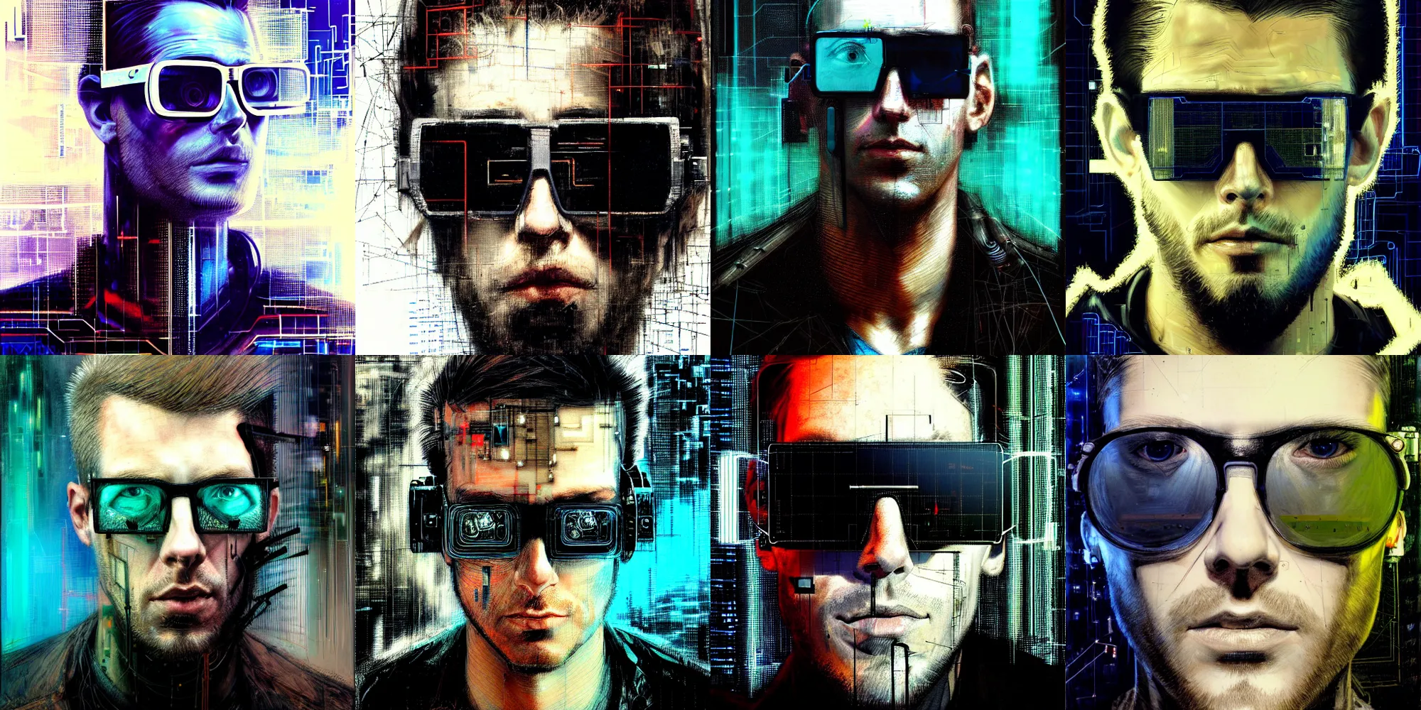 Prompt: hyperrealistic portrait of a cyberpunk man, by Guy Denning, Charles Bowater, Johannes Itten, Russ Mills, hacking effects, long hair, digital ui, glitch effects, detailed lines, network, futuristic sunglasses, technological, color blocking!, circuitry, digital, oil on canvas, insane detail, front view, symmetrical, octane, concept art, profile pic, masterpiece, abstract, artistic, 8k, cinematic, cgsociety, trending on artstation