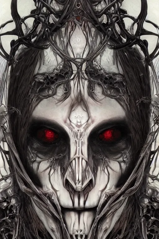 Prompt: Elden Ring and Doom themed painting of majestic chromatic biomechanical anatomical hybrid beautiful ethereal angel symmetrical neutral black metal corpsepaint mask closeup face tattoo pattern golden ratio concept, Neo-Gothic concept, infinity glyph waves, intricate artwork masterpiece, very coherent artwork, cinematic, full frontal facial features by Artgerm, art by H.R. Giger, Joseph Michael Linsner, Zdizslaw Beksinski, Johnatan Wayshak, Moebius, Ayami Kojima, very anatomically coherent artwork, trending on cgsociety, ultra high quality model, production quality cinema model, high detail chromatic ink outline, octane render, unreal engine 8k, hyper realism, high detail, octane render, unreal engine, 8k, High contrast