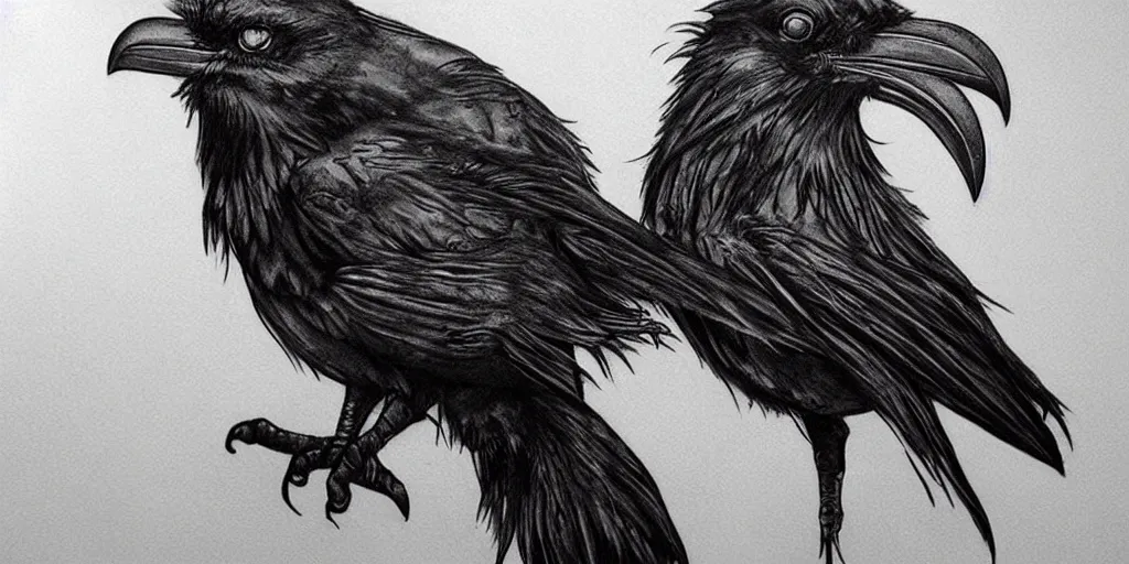 Image similar to realistic tattoo designs drawn on paper, mutant raven, dark, golden, delicate, hyper realism, tim burton, ink, ultra realistic, 8 k