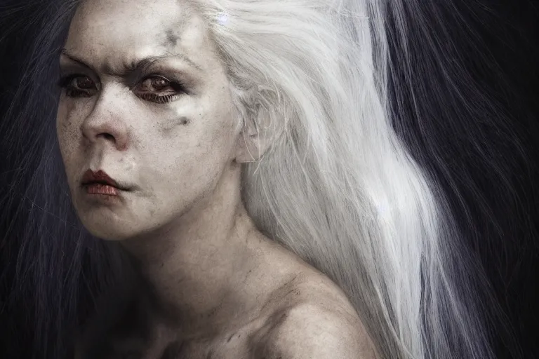 Prompt: brutalist ambient atmospheric demon evil beautiful girl with white hair oil painting portrait, symbolic, volumetric lighting, award - winning, perfection, ambitious, ambient occlusion, vibrant, 4 k hd, grainy,