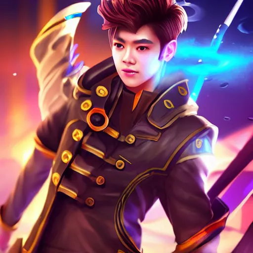 Image similar to a member of the band exo as a mobile legends hero, character design, 8 k, high definition, extremely detailed, photo realistic