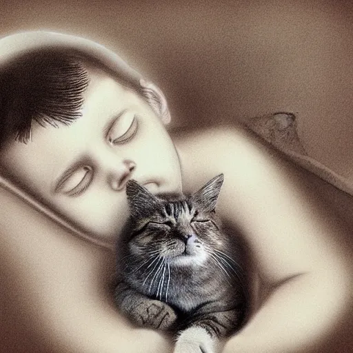 Image similar to a cat sitting on the head of a boy sleeping on a couch, digital art inspired by ansel adams