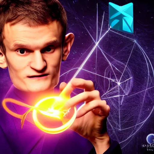 Prompt: Vitalik Buterin as a handsome arcane wizard casting a spell, ethereum logo can be seen in the magic - Photo manipulated by DALLE
