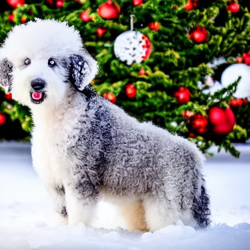 Prompt: cute fluffy grey and white sheepdog puppy sitting in snowy winter landscape with holiday trees detailed painting 4k