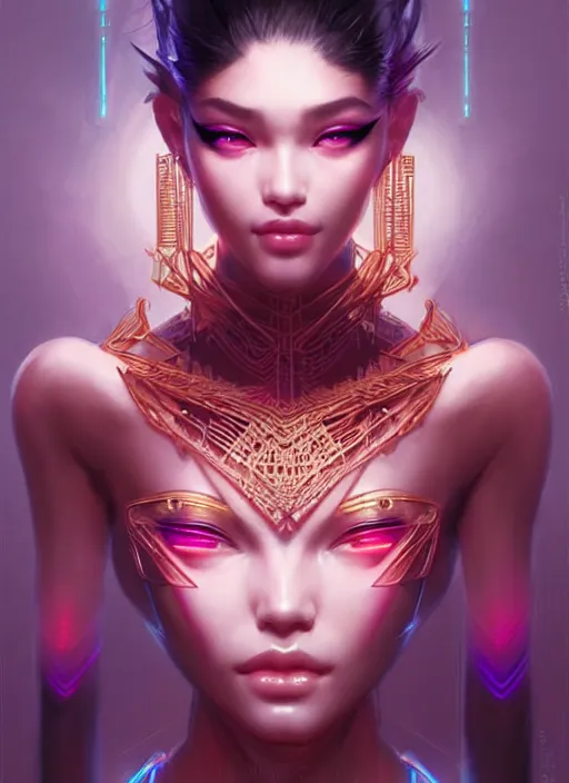 Image similar to portrait of oriental female humanoid, very intricate details, elegant, cyber neon lights, highly detailed, digital illustration, trending in artstation, trending in pinterest, glamor pose, concept art, smooth, sharp focus, art by artgerm and greg rutkowski