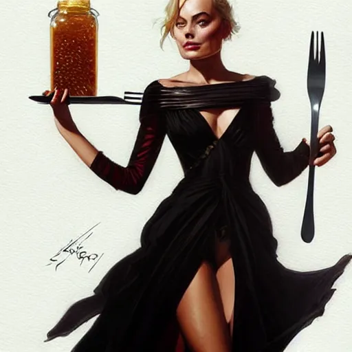 Prompt: very cute Margot Robbie eating fork covered in honey wearing black-crimson silk dress, D&D, fantasy, intricate, elegant, highly detailed, digital painting, artstation, concept art, matte, sharp focus, illustration, art by Artgerm and Greg Rutkowski and Alphonse Mucha