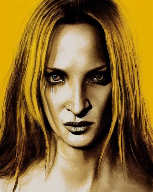 Image similar to drawing of a beautiful uma thurman in the movie kill bill, wearing a yellow jumpsuit with a black stripe, swinging katana, art deco, beautiful confident and piercing eyes, beautiful blonde hair, hyper realistic face, in the style of greg rutkowski, fantasy, amazing detail, epic, elegant, smooth, sharp focus, from the front