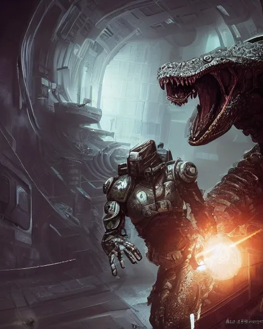 Image similar to Sci-Fi big Crocodile alien, armored, art by Kashin, Wadim, Martinière, Stephan, holding rifle, sharp focus, pitch black cursed evil Spaceship hallway, dark light, soft purple glow, heroic pose, sci-fi artwork, octane render, dead space artwork, cyberpunk, warm light, occult, magical, volumetric lighting, 8k high definition, highly detailed, trending on art Station, centered, by Greg Rutkovski, sci-fi artwork, arnold render